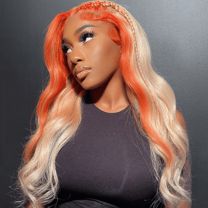 SZC 200 Density Ginger Orange Skunk Stripe 13x4 Lace Front Human Hair Wigs