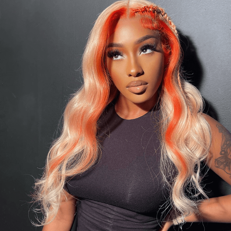 SZC 200 Density Ginger Orange Skunk Stripe 13x4 Lace Front Human Hair Wigs