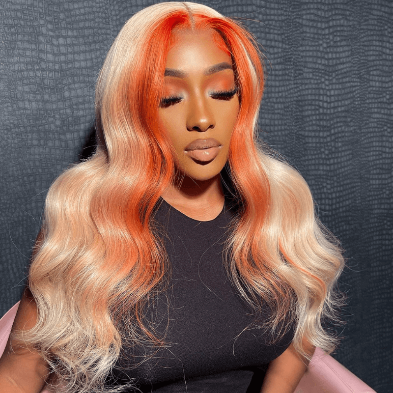 SZC 200 Density Ginger Orange Skunk Stripe 13x4 Lace Front Human Hair Wigs