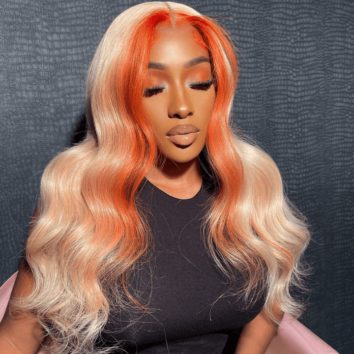 SZC 200 Density Ginger Orange Skunk Stripe 13x4 Lace Front Human Hair Wigs