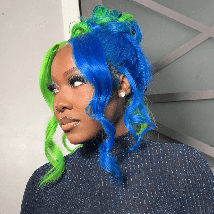 SZC 200 Density Half Green Half Blue 13x4 Lace Front Virgin Human Hair Wigs