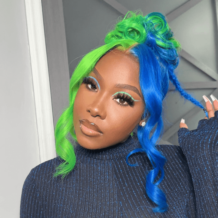 SZC 200 Density Half Green Half Blue 13x4 Lace Front Virgin Human Hair Wigs