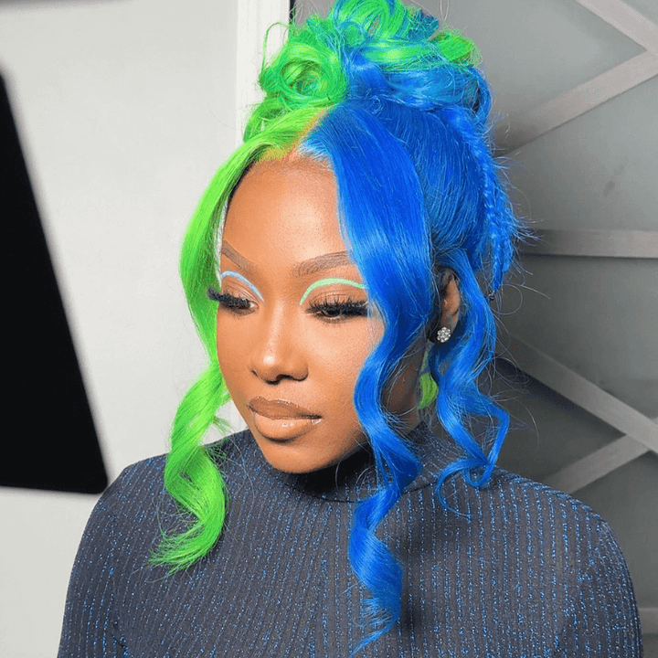 SZC 200 Density Half Green Half Blue 13x4 Lace Front Virgin Human Hair Wigs