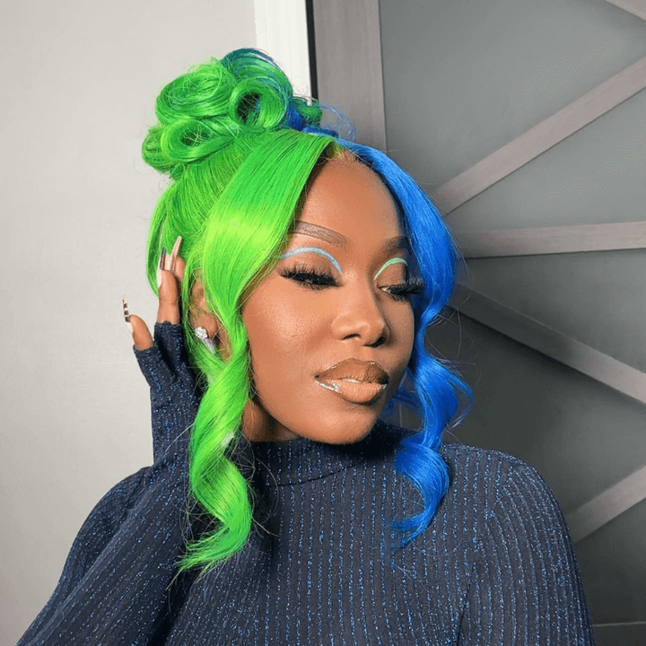 SZC 200 Density Half Green Half Blue 13x4 Lace Front Virgin Human Hair Wigs
