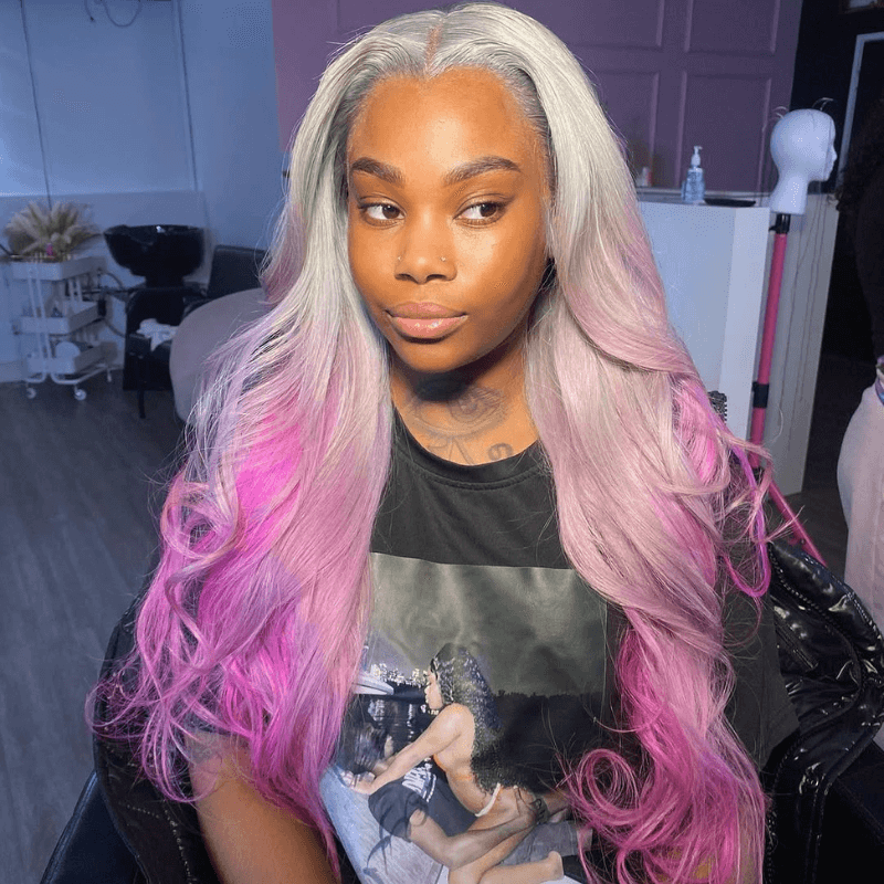 SZC 200 Density Ombre Gray Purple Pink 13x4 Lace Front Human Hair Wigs
