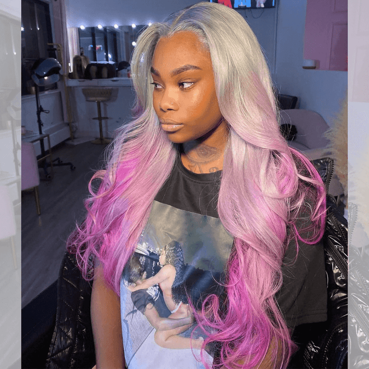 SZC 200 Density Ombre Gray Purple Pink 13x4 Lace Front Human Hair Wigs
