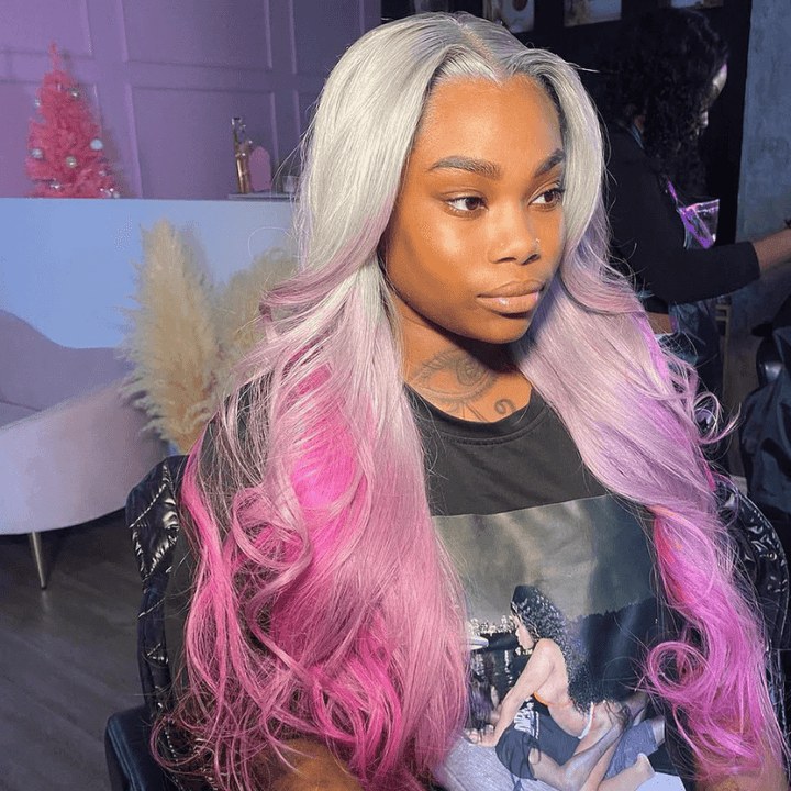 SZC 200 Density Ombre Gray Purple Pink 13x4 Lace Front Human Hair Wigs