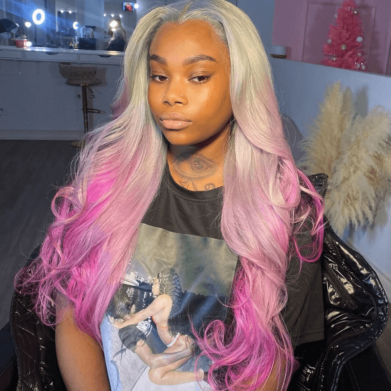 SZC 200 Density Ombre Gray Purple Pink 13x4 Lace Front Human Hair Wigs