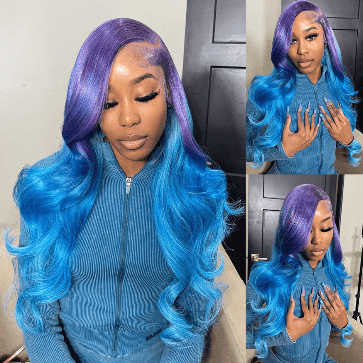 SZC 200 Density Ombre Purple Blue 13x4 HD Lace Frontal Human Hair Wigs