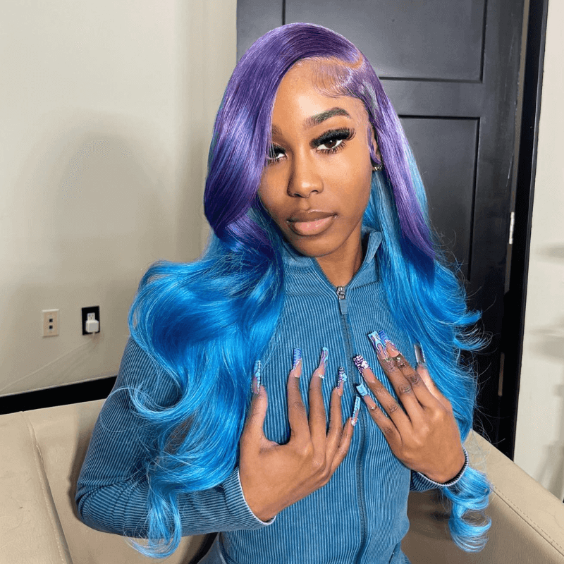 SZC 200 Density Ombre Purple Blue 13x4 HD Lace Frontal Human Hair Wigs