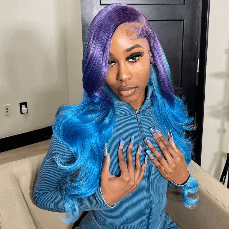 SZC 200 Density Ombre Purple Blue 13x4 HD Lace Frontal Human Hair Wigs
