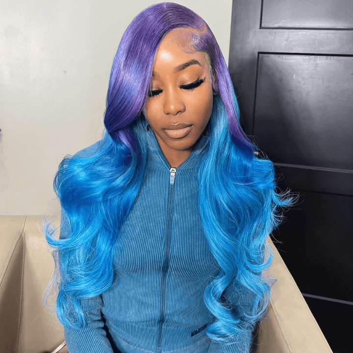 SZC 200 Density Ombre Purple Blue 13x4 HD Lace Frontal Human Hair Wigs