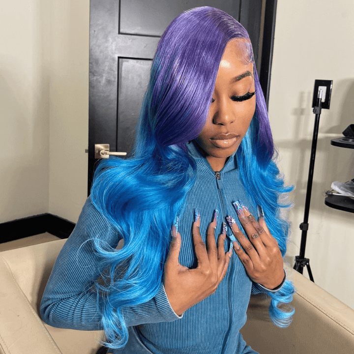 SZC 200 Density Ombre Purple Blue 13x4 HD Lace Frontal Human Hair Wigs