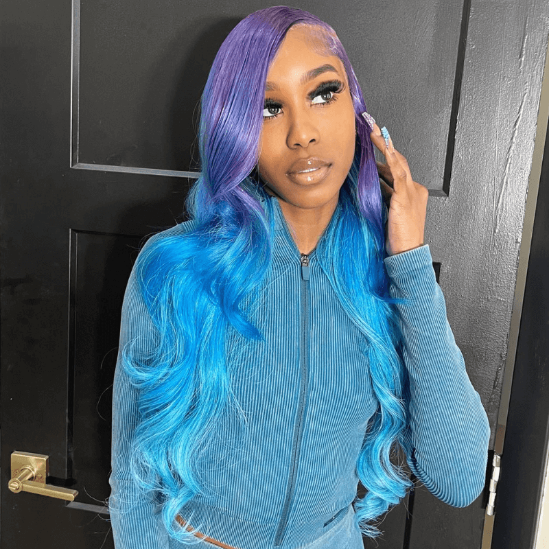 SZC 200 Density Ombre Purple Blue 13x4 HD Lace Frontal Human Hair Wigs
