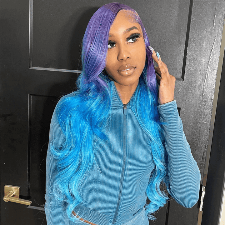 SZC 200 Density Ombre Purple Blue 13x4 HD Lace Frontal Human Hair Wigs