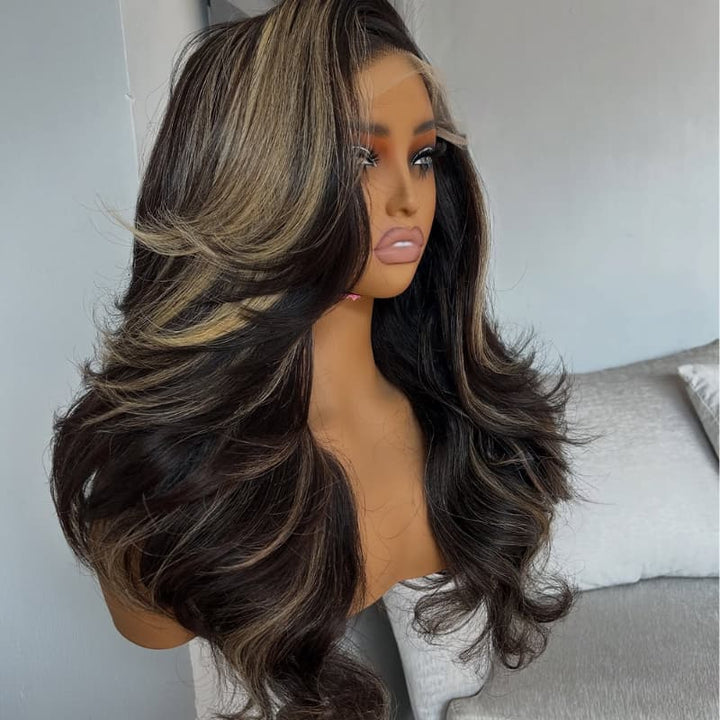 SZC 250 300 Density Balayage Black With Brown Highlights 13x4 Lace Front Human Hair Wigs