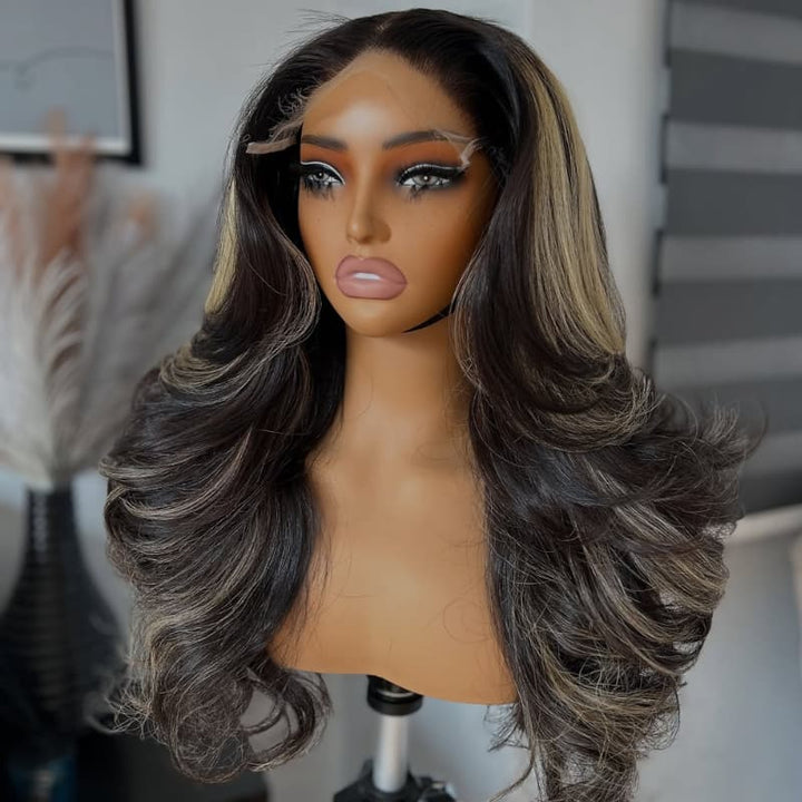 SZC 250 300 Density Balayage Black With Brown Highlights 13x4 Lace Front Human Hair Wigs