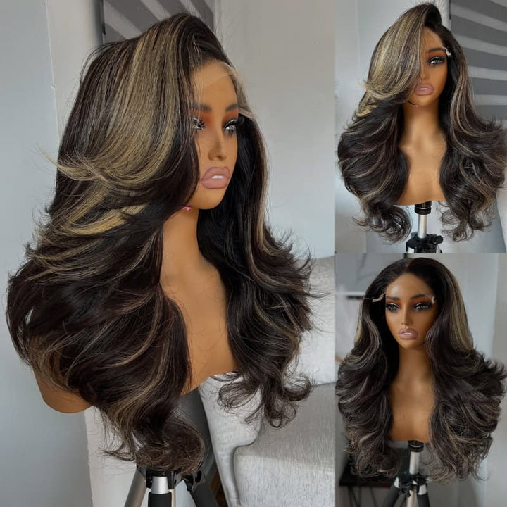 SZC 250 300 Density Balayage Black With Brown Highlights 13x4 Lace Front Human Hair Wigs