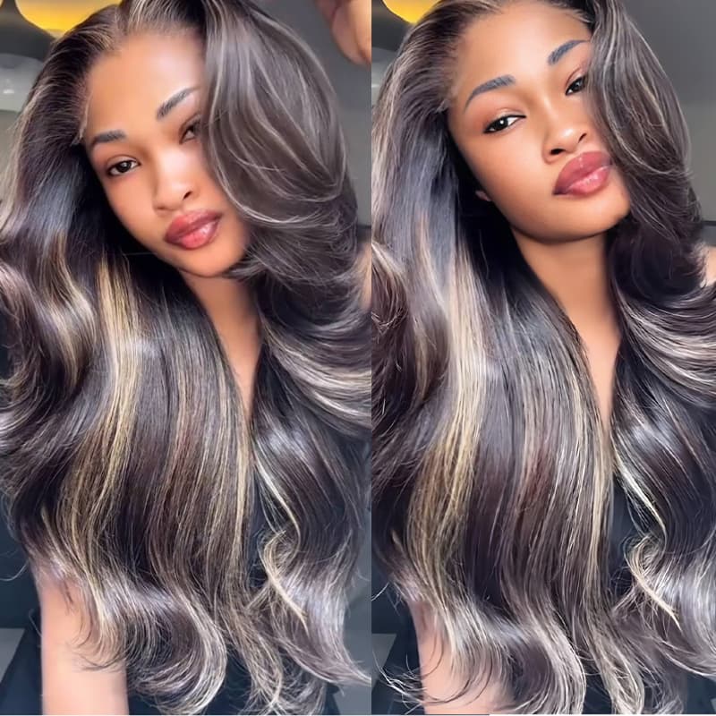SZC 250 300 Density Black With Brown Highlights 13x4 Lace Front Virgin Human Hair Wigs