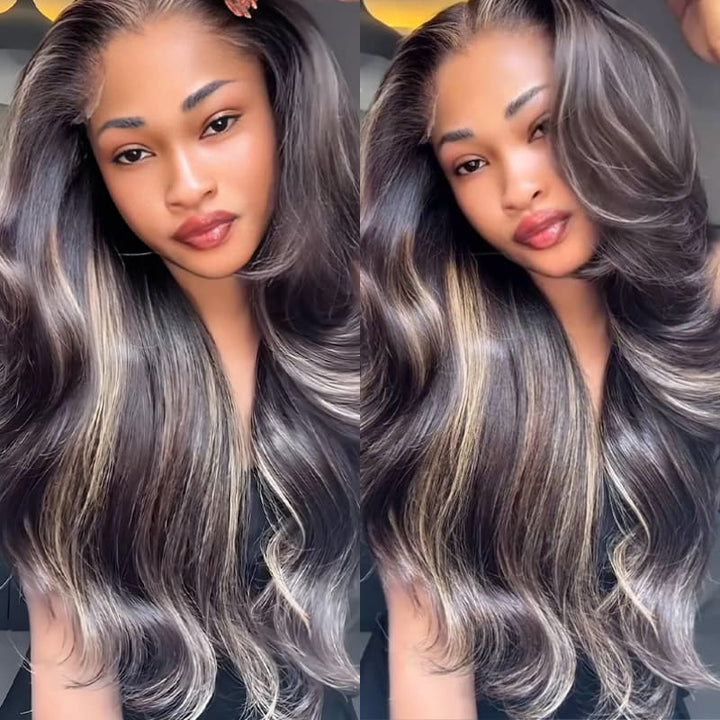 SZC 250 300 Density Black With Brown Highlights 13x4 Lace Front Virgin Human Hair Wigs
