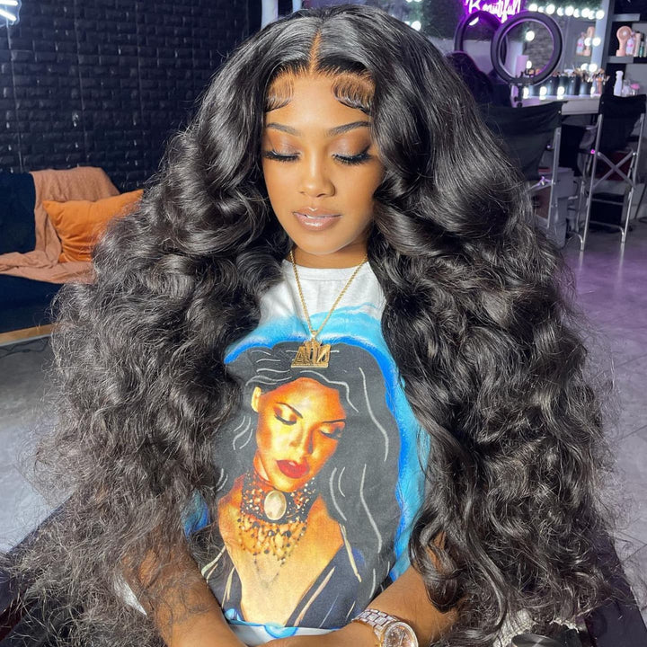 SZC 300 400 Density Thick Full Volume Straight Body Wave Wand Curls 13x4 Lace Front Human Hair Wig