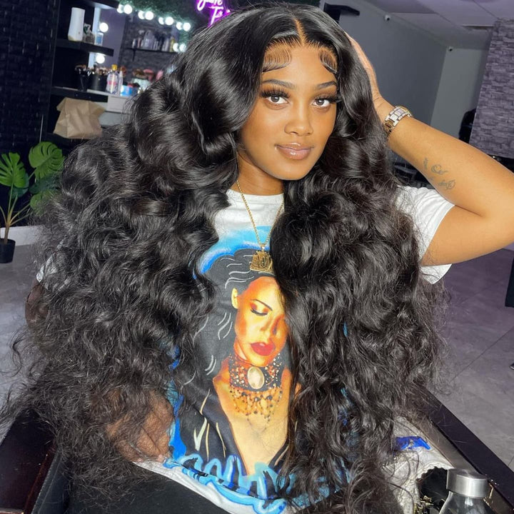 SZC 300 400 Density Thick Full Volume Straight Body Wave Wand Curls 13x4 Lace Front Human Hair Wig