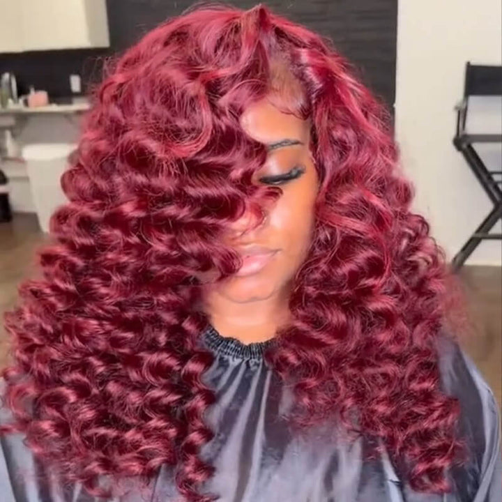 SZC 300 Density 99J Red Bouncy Wand Curls 13x4 HD Lace Front Human Hair Wigs