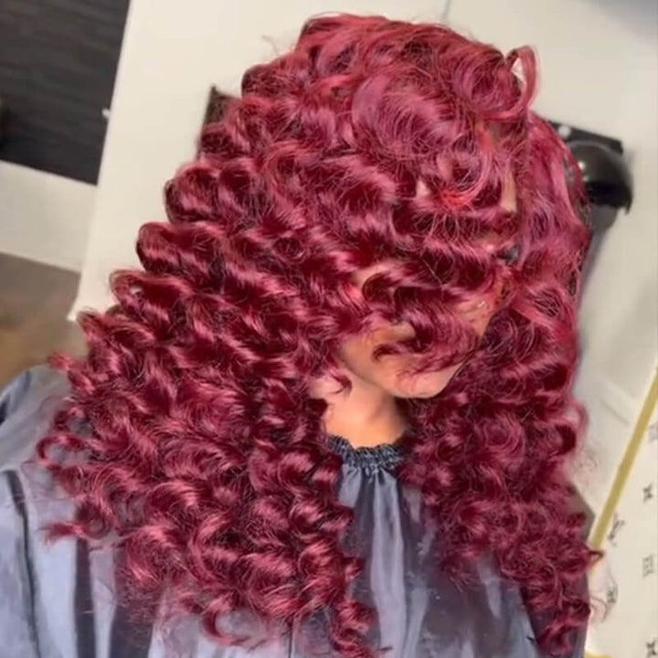 SZC 300 Density 99J Red Bouncy Wand Curls 13x4 HD Lace Front Human Hair Wigs