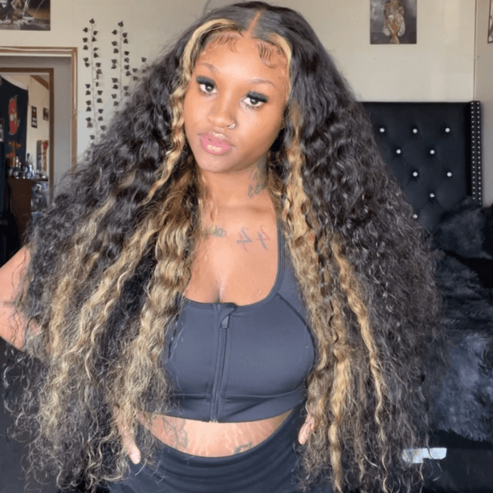 SZC 300 Density Black With Brown Highlight Deep Wave 13x4 Lace Front Human Hair Wigs