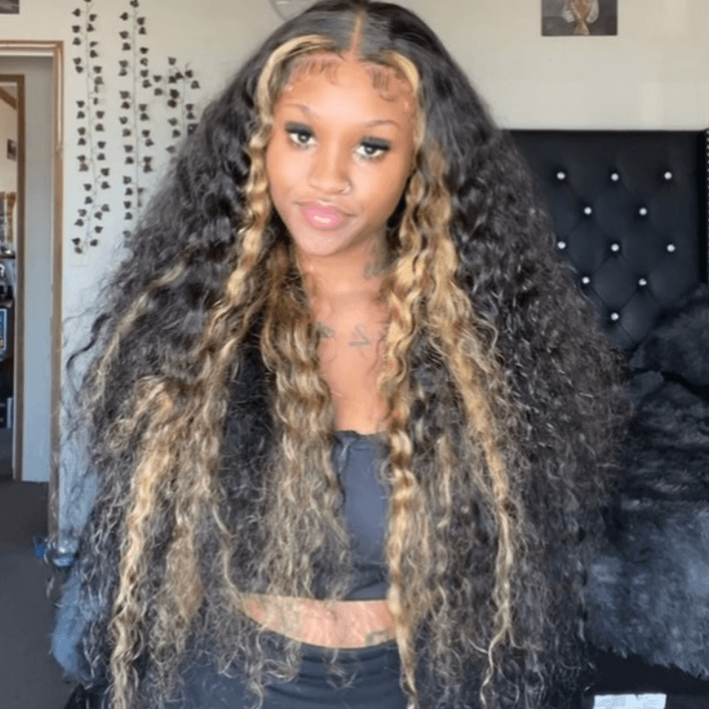 SZC 300 Density Black With Brown Highlight Deep Wave 13x4 Lace Front Human Hair Wigs