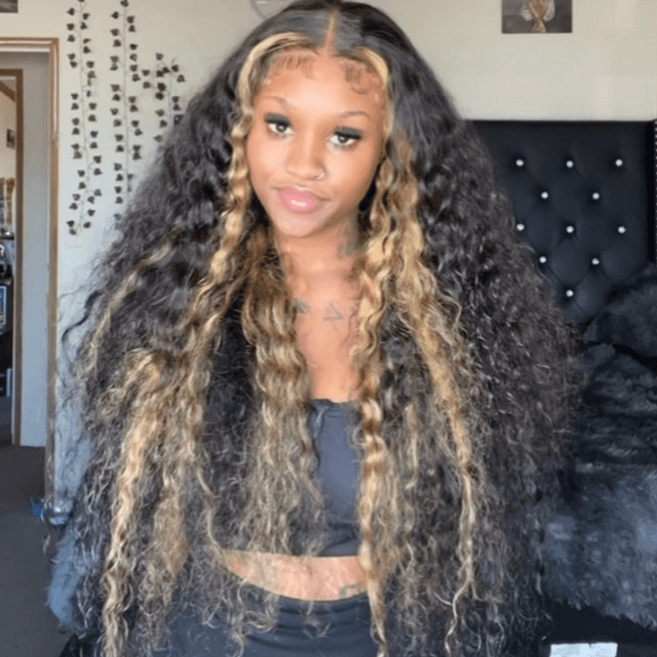 SZC 300 Density Black With Brown Highlight Deep Wave 13x4 Lace Front Human Hair Wigs