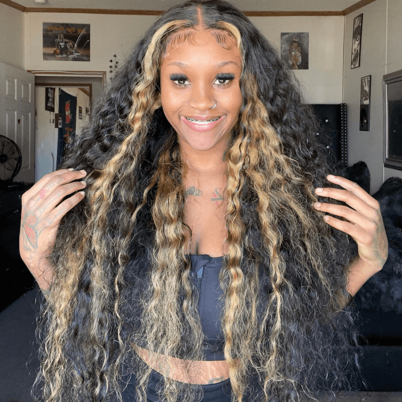 SZC 300 Density Black With Brown Highlight Deep Wave 13x4 Lace Front Human Hair Wigs