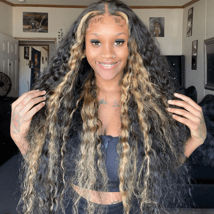 SZC 300 Density Black With Brown Highlight Deep Wave 13x4 Lace Front Human Hair Wigs