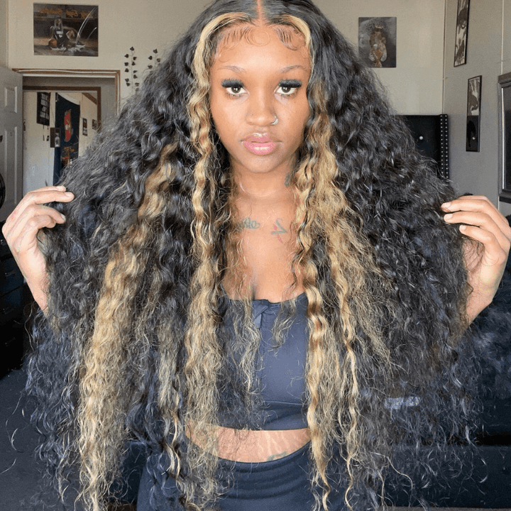 SZC 300 Density Black With Brown Highlight Deep Wave 13x4 Lace Front Human Hair Wigs