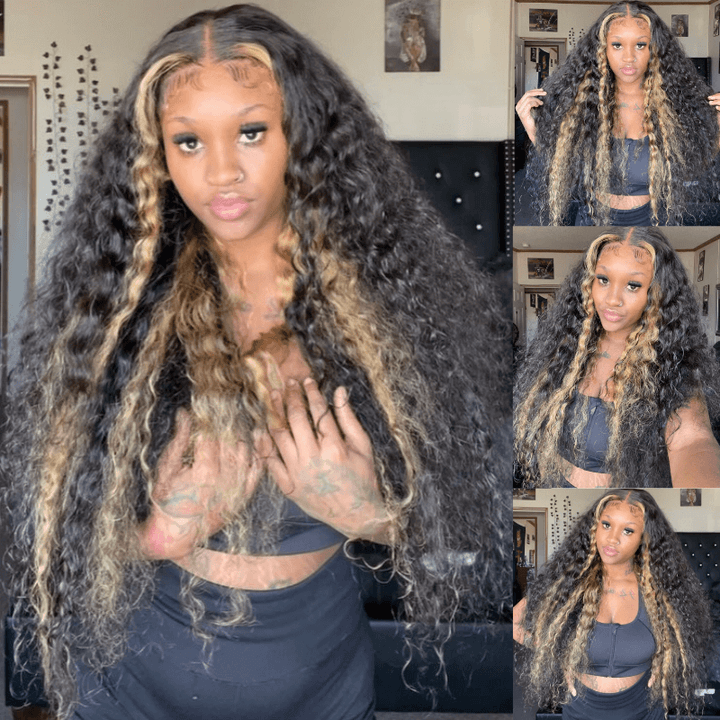 SZC 300 Density Black With Brown Highlight Deep Wave 13x4 Lace Front Human Hair Wigs