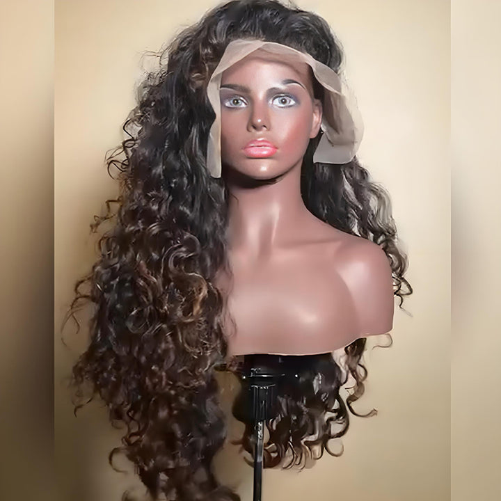 SZC 300 Density Black With Brown Streaks Bouncy Wand Curls 13x4 Lace Front Human Hair Wigs
