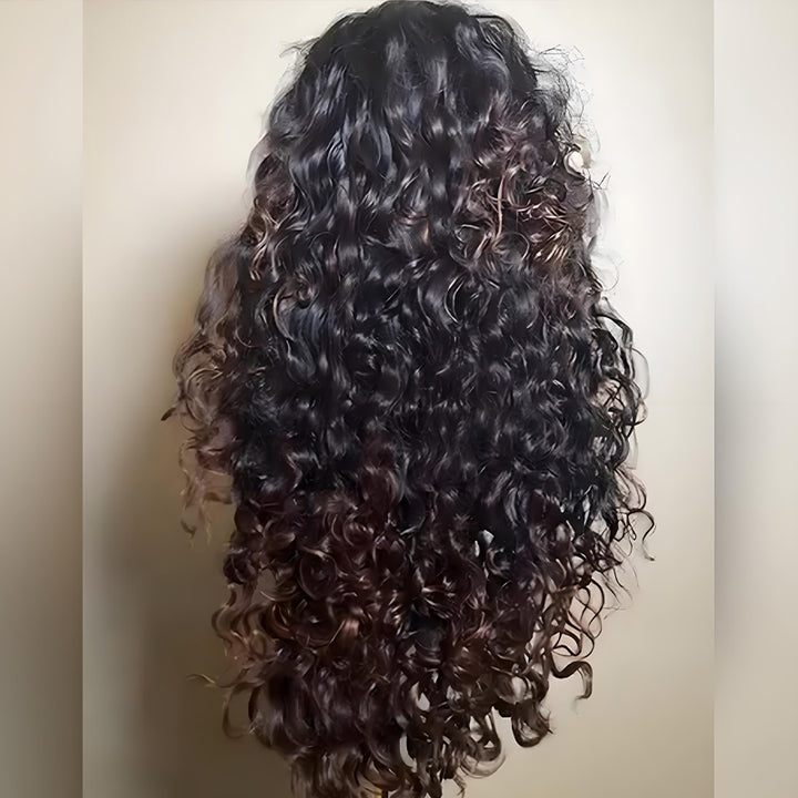 SZC 300 Density Black With Brown Streaks Bouncy Wand Curls 13x4 Lace Front Human Hair Wigs