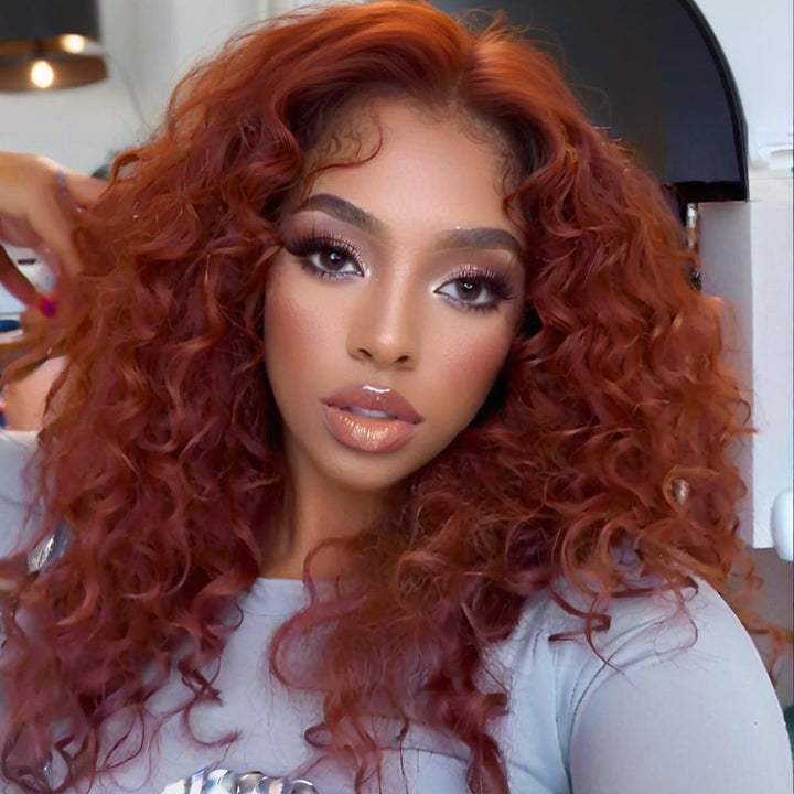 SZC 300 Density Copper Red Bouncy Wand Curls 13x4 Lace Front Human Hair Wigs