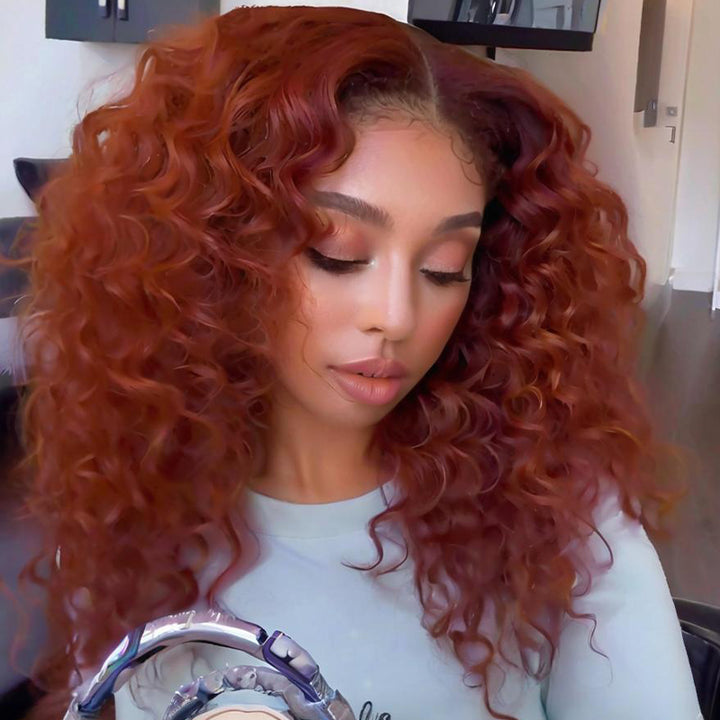 SZC 300 Density Copper Red Bouncy Wand Curls 13x4 Lace Front Human Hair Wigs