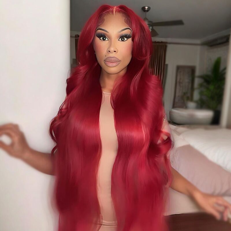 SZC 42 40 38 36 34 32 30 Inch Vibrant Burgundy Red 13x4 Lace Front Virgin Human Hair Wigs