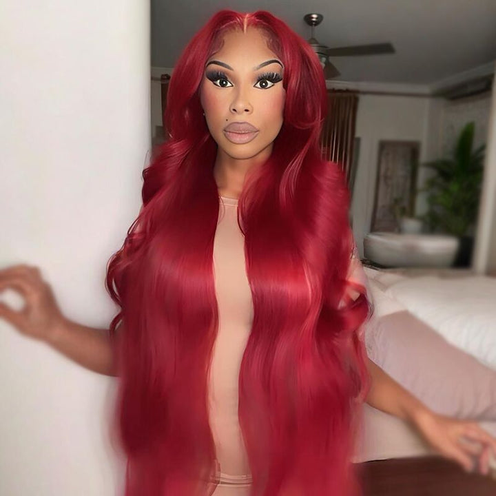 SZC 42 40 38 36 34 32 30 Inch Vibrant Burgundy Red 13x4 Lace Front Virgin Human Hair Wigs