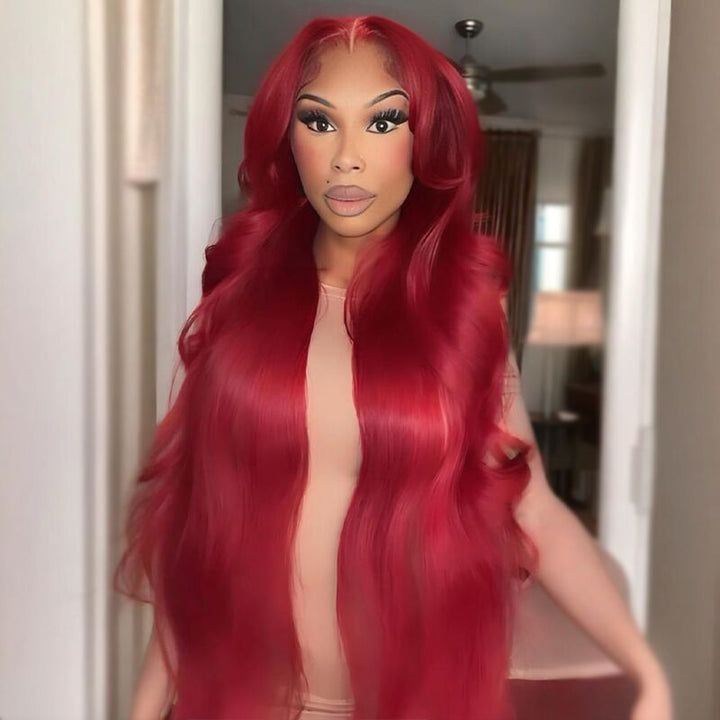 SZC 42 40 38 36 34 32 30 Inch Vibrant Burgundy Red 13x4 Lace Front Virgin Human Hair Wigs