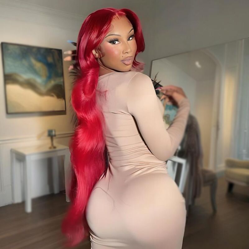 SZC 42 40 38 36 34 32 30 Inch Vibrant Burgundy Red 13x4 Lace Front Virgin Human Hair Wigs