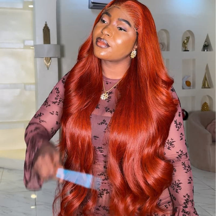 SZC 42 40 38 36 34 32 30 Inch Vibrant Copper Red 13x4 Lace Front Virgin Human Hair Wigs