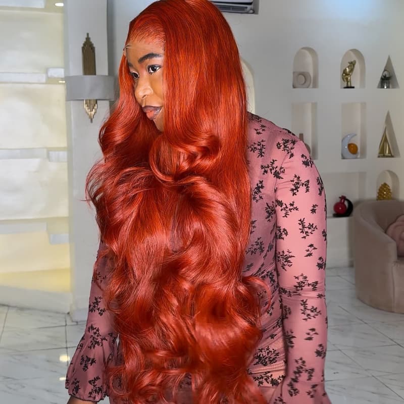 SZC 42 40 38 36 34 32 30 Inch Vibrant Copper Red 13x4 Lace Front Virgin Human Hair Wigs