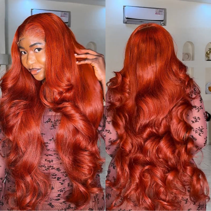 SZC 42 40 38 36 34 32 30 Inch Vibrant Copper Red 13x4 Lace Front Virgin Human Hair Wigs