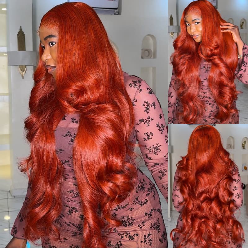 SZC 42 40 38 36 34 32 30 Inch Vibrant Copper Red 13x4 Lace Front Virgin Human Hair Wigs