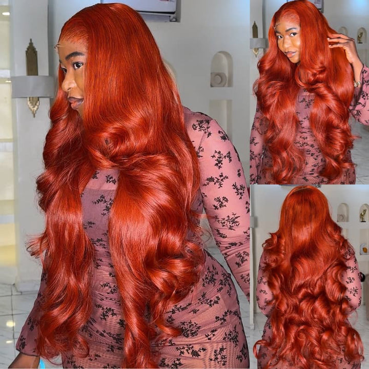 SZC 42 40 38 36 34 32 30 Inch Vibrant Copper Red 13x4 Lace Front Virgin Human Hair Wigs