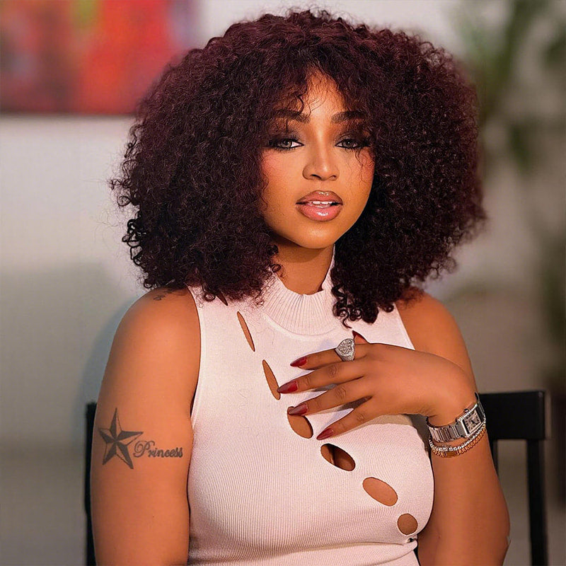 SZC 99J Dark Burgundy Kinky Curly Bob 13x4 Lace Front Human Hair Wig