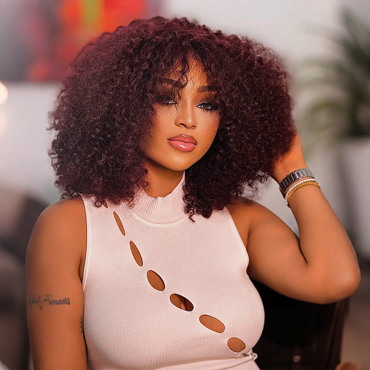 SZC 99J Dark Burgundy Kinky Curly Bob 13x4 Lace Front Human Hair Wig
